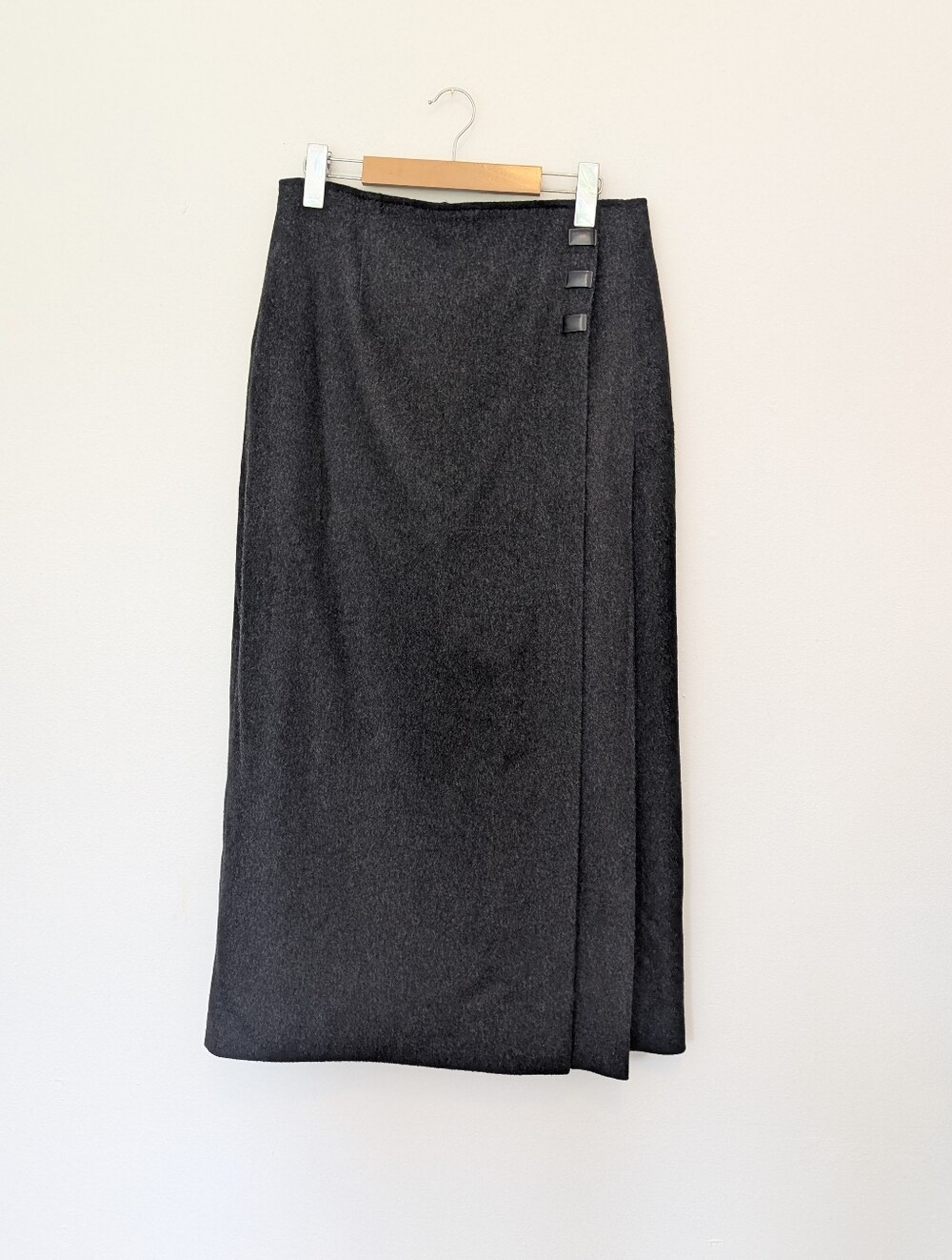 STEILMANN Dark Academia Wool A-Line Wrap Maxi Skirt Pleated 90s Charcoal Grey 10